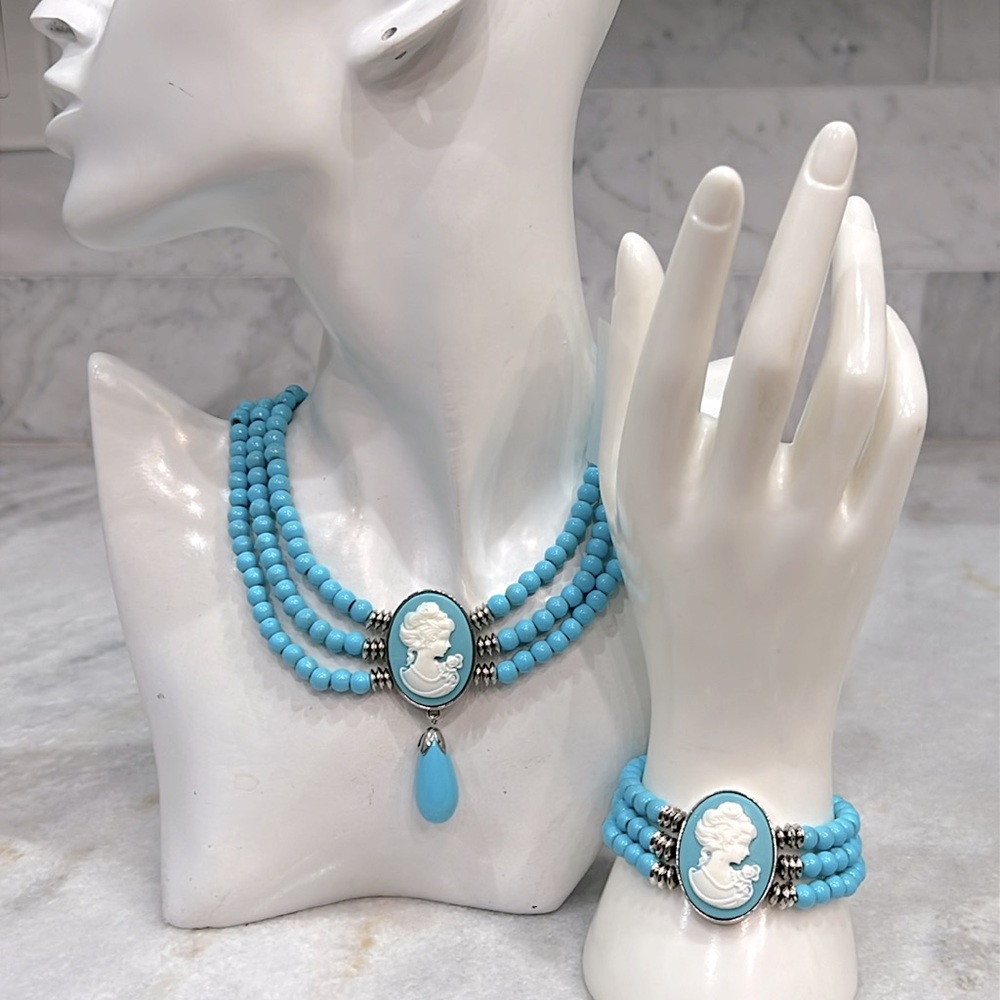 Blue Howlite Cameo Drop Necklace and Bracelet Set